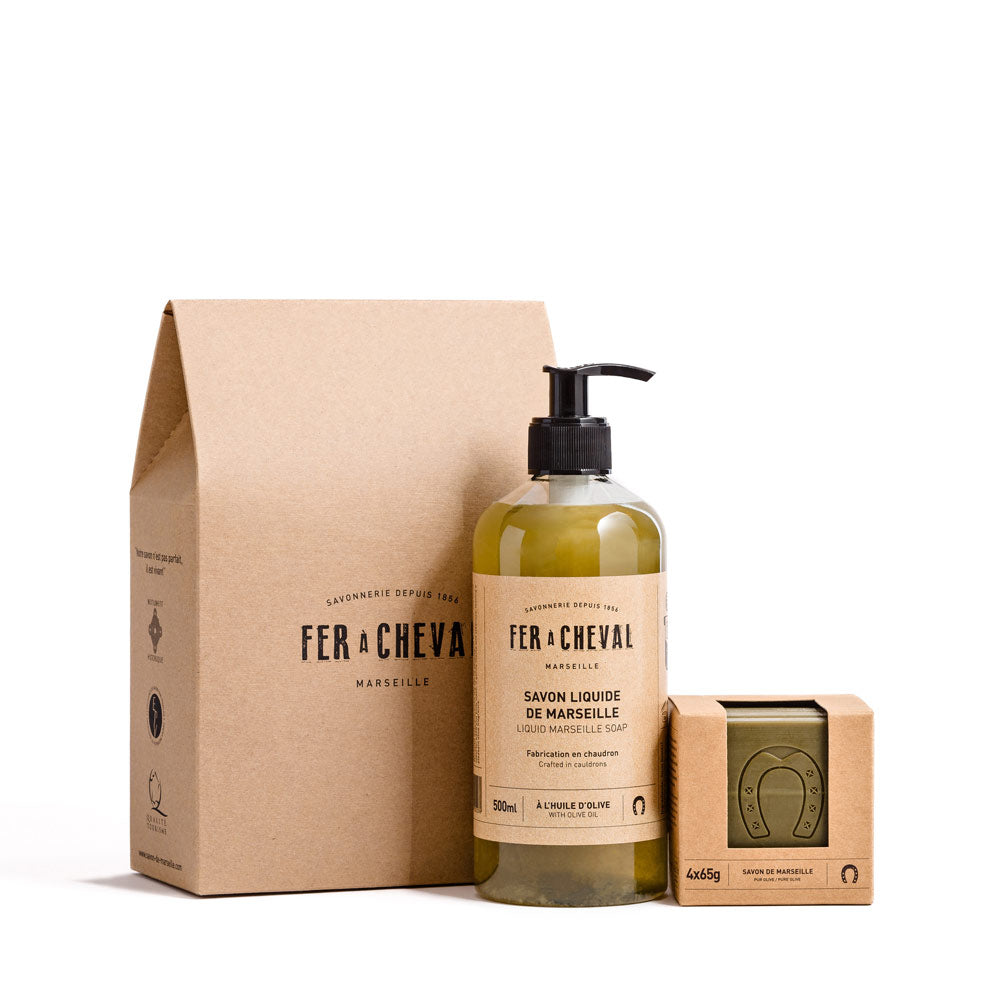 Duo Pure Olive Marseille Soaps - 500 ml liquid and sliced cube 4x65g