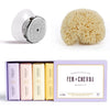 Trio Douche Solide : Coffret 4 Savon Doux, éponge naturelle et Porte Savon